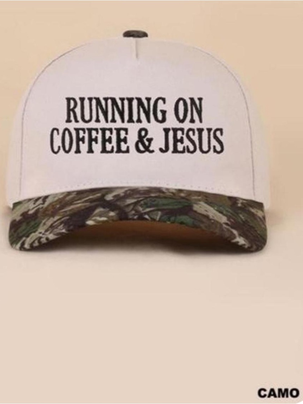 Running 💚on Coffee & Jesus White Trucker Cap with Camo Bill
